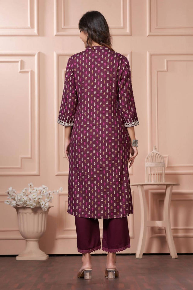 Wine Printed Rayon Kurti Pant Set