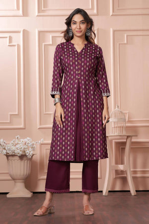 Wine Printed Rayon Kurti Pant Set