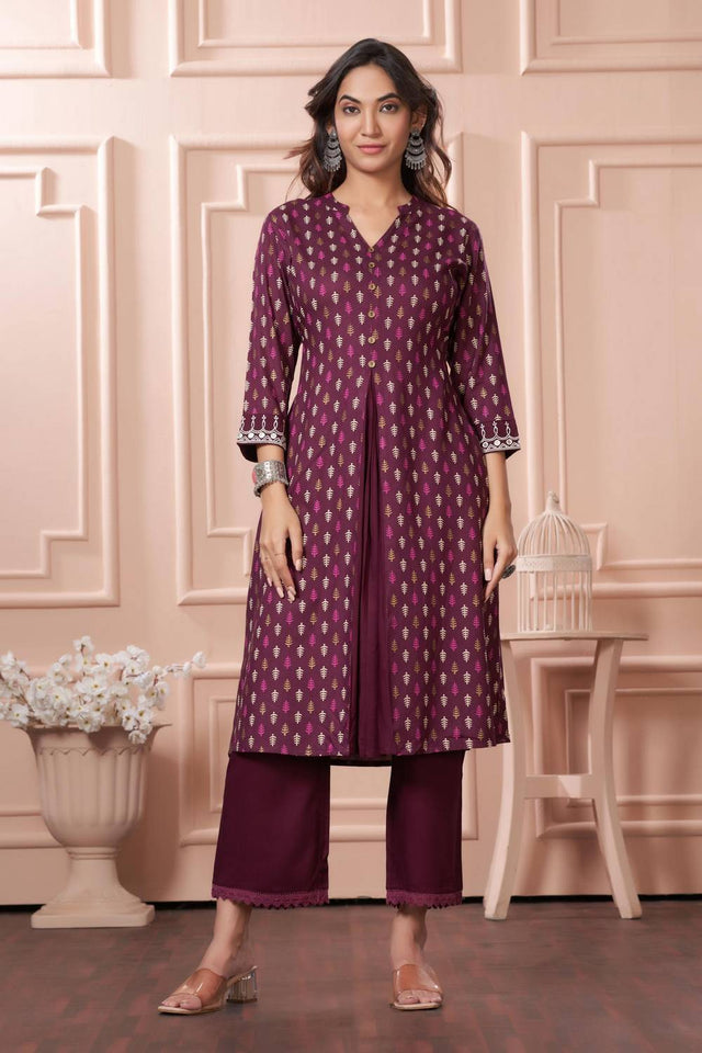 Wine Printed Rayon Kurti Pant Set