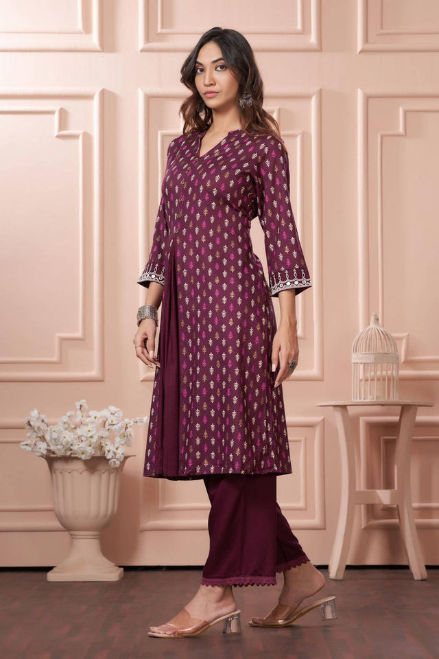 Wine Printed Rayon Kurti Pant Set
