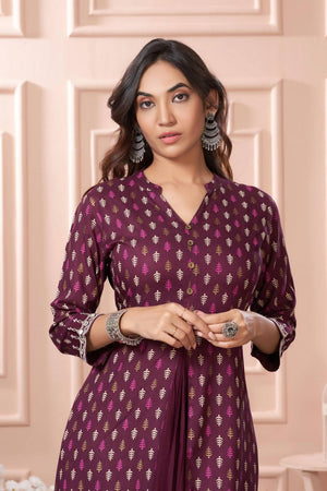 Wine Printed Rayon Kurti Pant Set