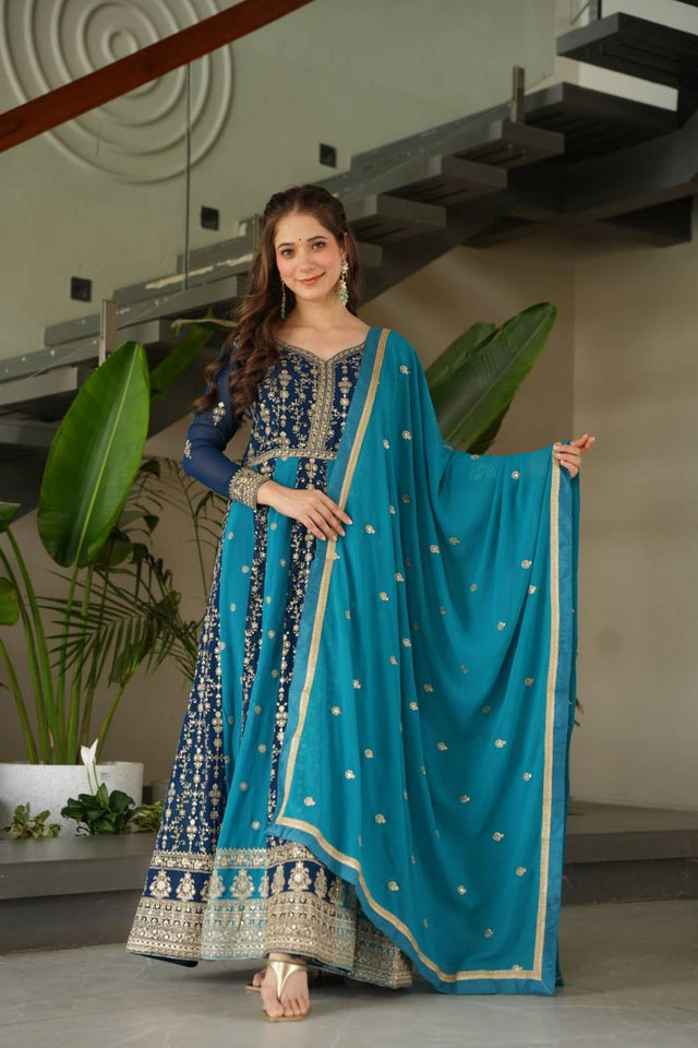 Blue Sequin Georgette Gown