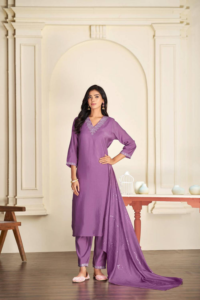 Violet Solid Silk Kurti Pant Set