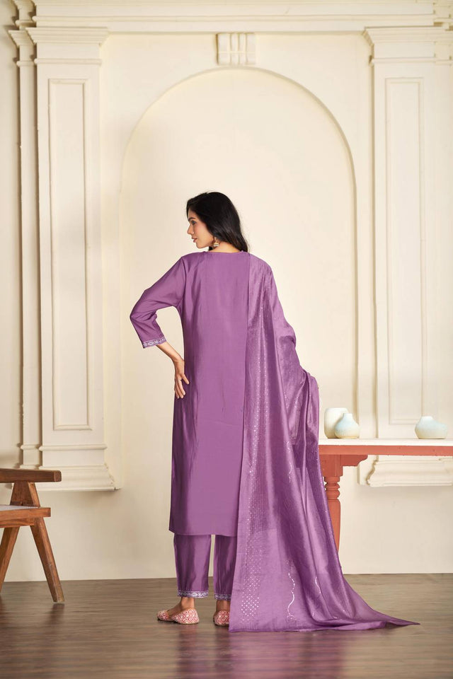 Violet Solid Silk Kurti Pant Set