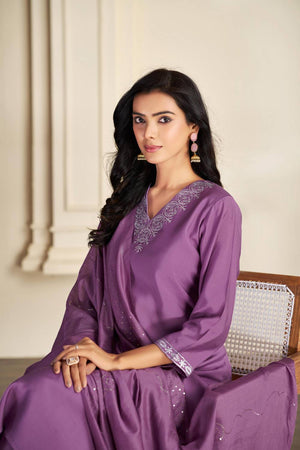 Violet Solid Silk Kurti Pant Set