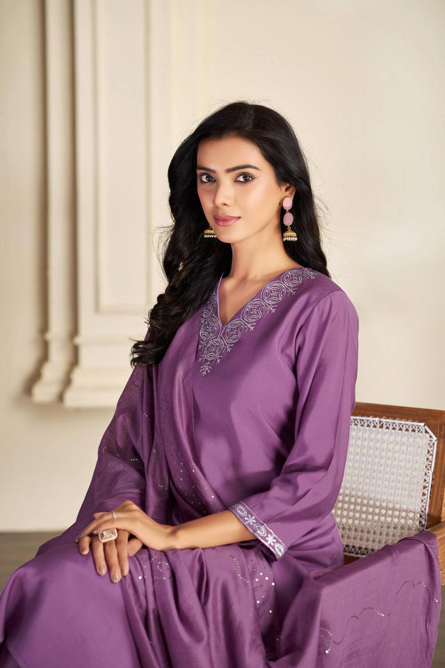 Violet Solid Silk Kurti Pant Set