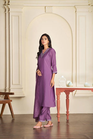 Violet Solid Silk Kurti Pant Set
