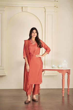 Rust Solid Silk Kurti Pant Set