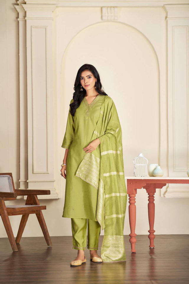 Green Solid Silk Kurti Pant Set