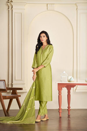 Green Solid Silk Kurti Pant Set