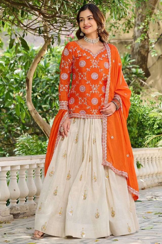 Orange Embroidered Art-Silk Lehenga (pc chakori-1011-a)