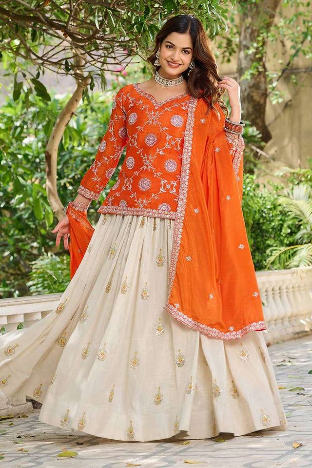 Orange Embroidered Art-Silk Lehenga (pc chakori-1011-a)
