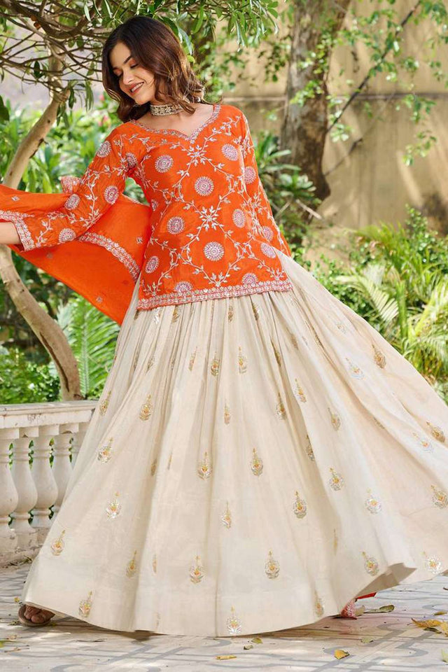 Orange Embroidered Art-Silk Lehenga (pc chakori-1011-a)
