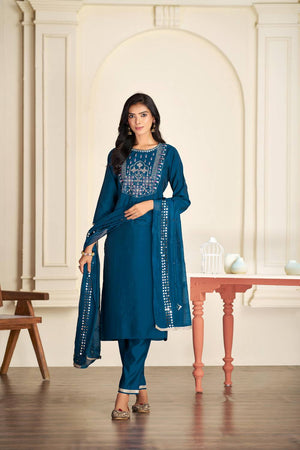 Turquoise Embroidered Silk Kurti Pant Set