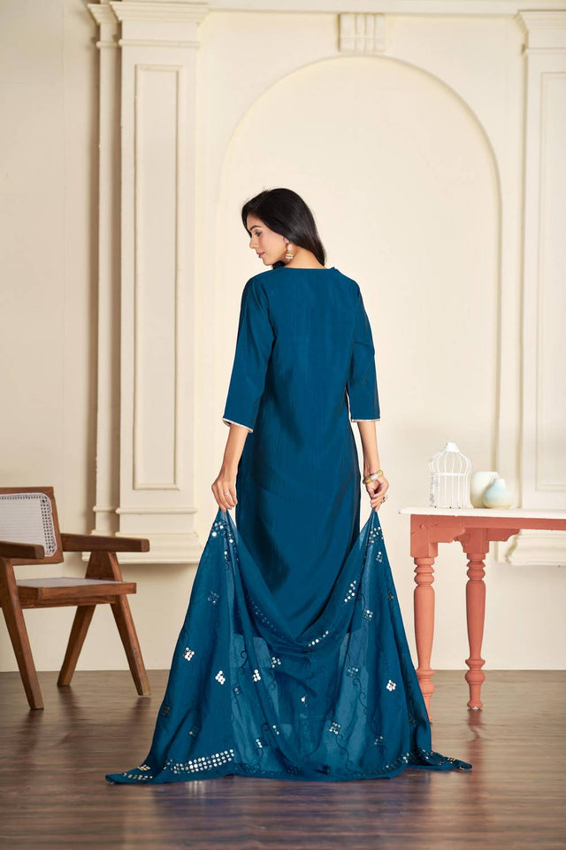 Turquoise Embroidered Silk Kurti Pant Set