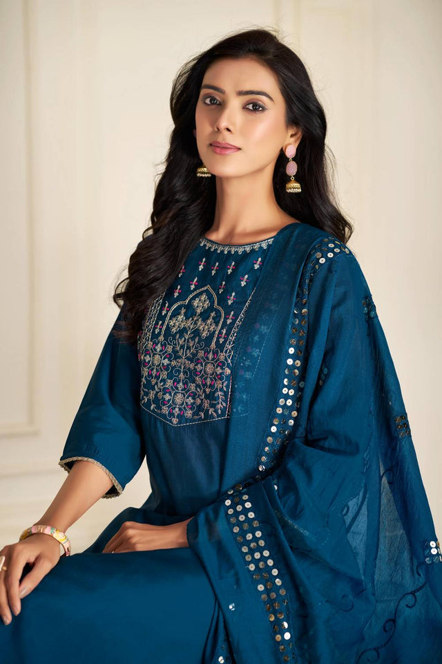 Turquoise Embroidered Silk Kurti Pant Set