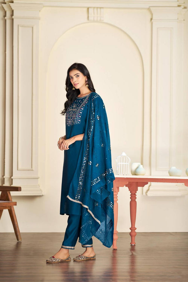 Turquoise Embroidered Silk Kurti Pant Set