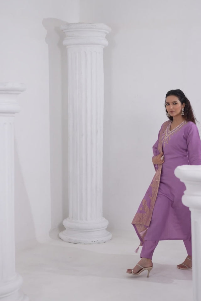 Pink Solid Chanderi Kurti Pant Set (ACZ6390)
