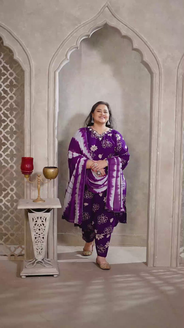 Purple Floral Printed Rayon Straight Cut Suit Set