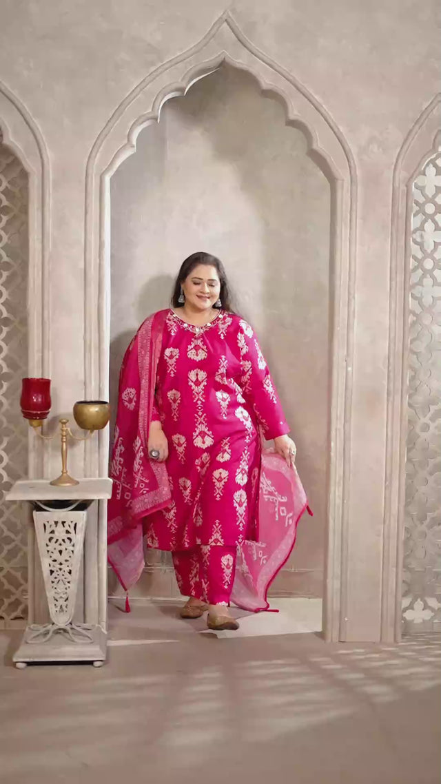 Pink Floral Printed Viscose Straight Cut Suit Set