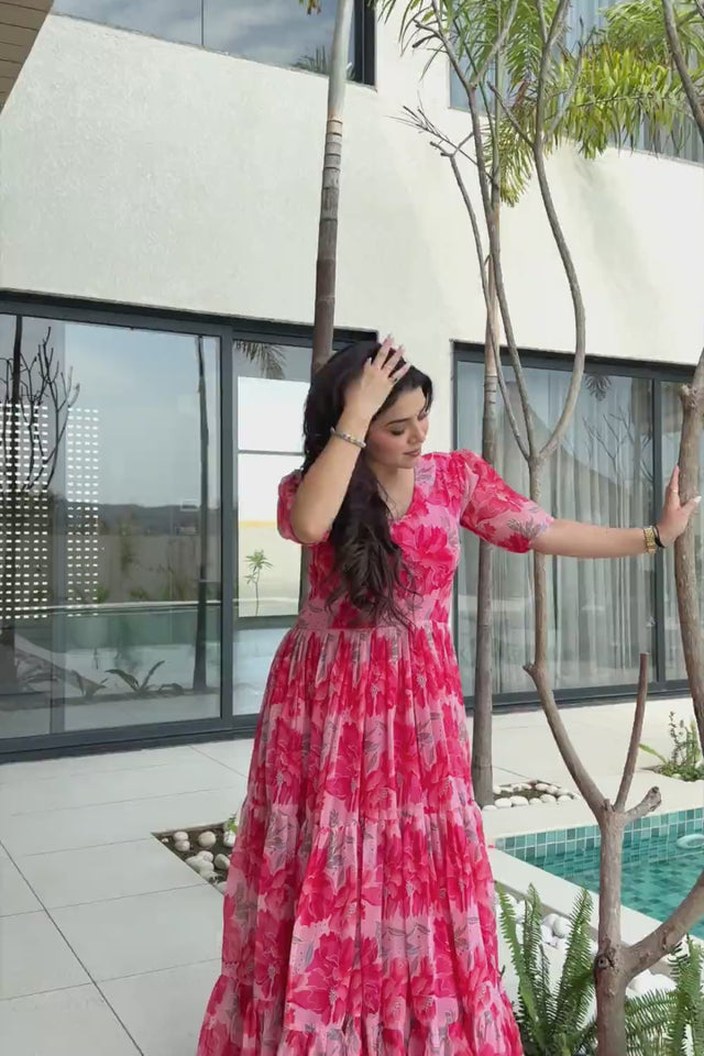 Pink Floral Printed Georgette Gown (ACZ6642)