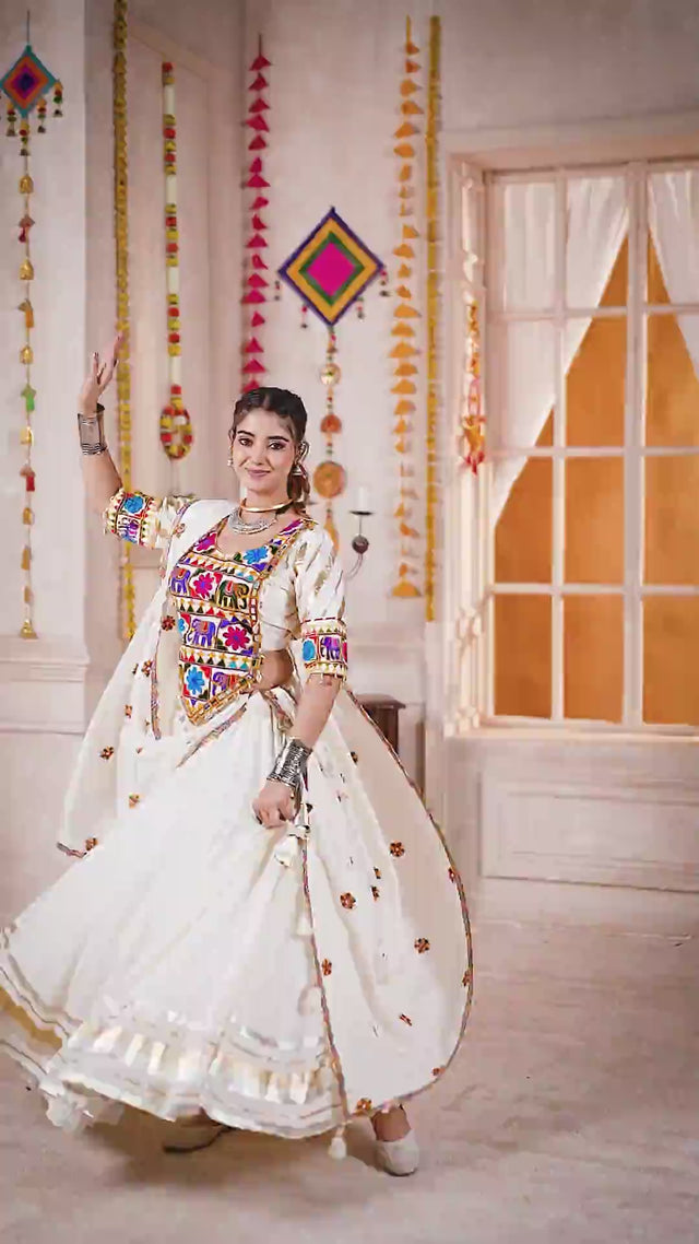 Off White Embroidered Cotton Lehenga