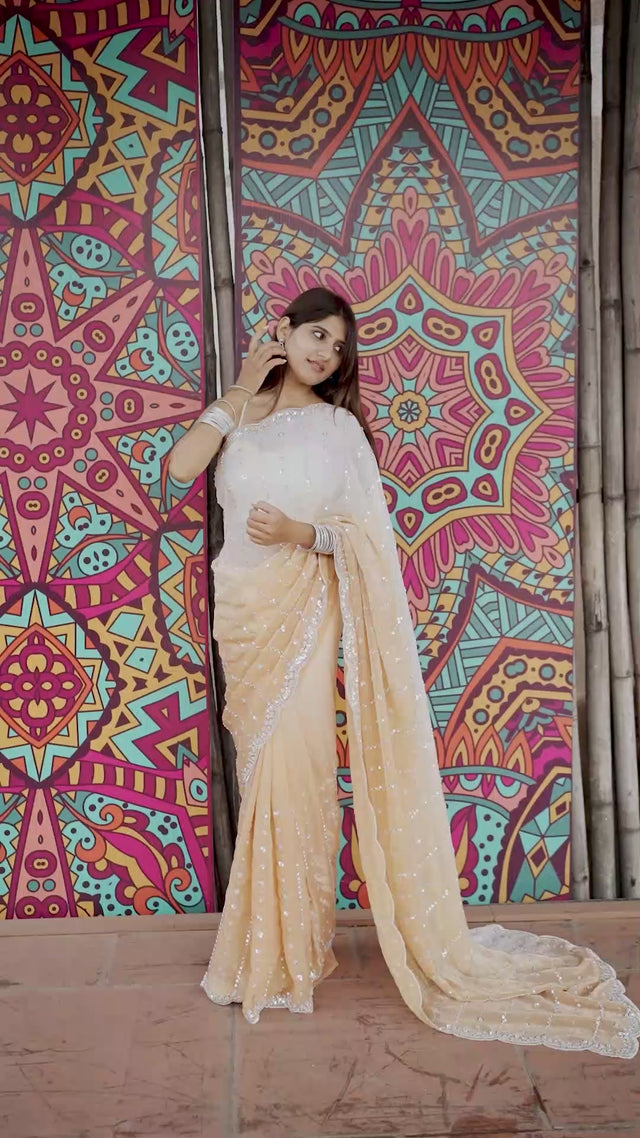 Peach Sequin Satin Saree