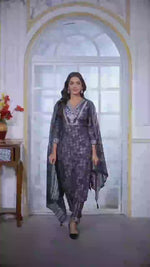 Blue Printed Chanderi Straight Cut Suit Set