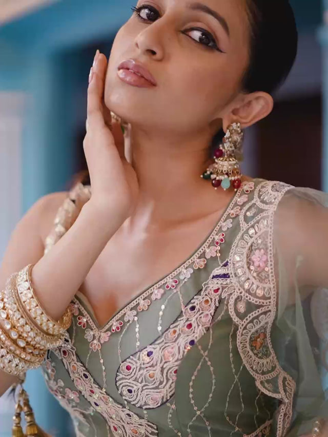 Green Sequin with Embroidered Net Lehenga (ACA2665)