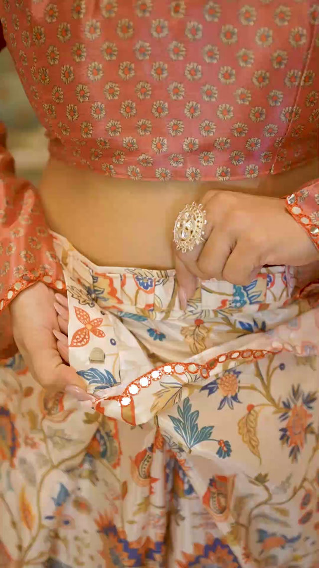 Cream Floral Printed Chinon Ready to Wear Saree