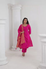 Pink Embroidered Chanderi Kurti Pant Set