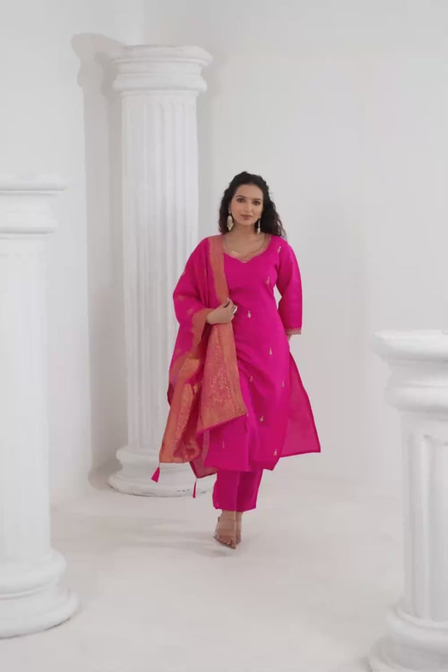 Pink Embroidered Chanderi Kurti Pant Set