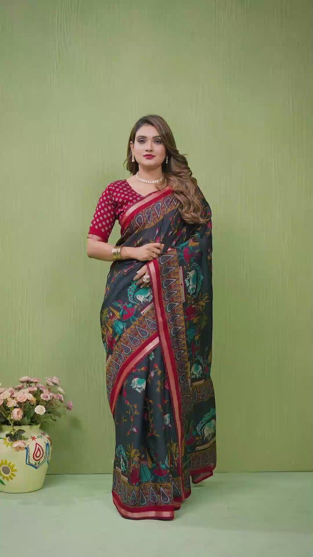 Black Kalamkari Printed Cotton Saree