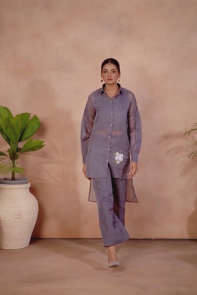 Grey Printed Organza Co-Ord Set