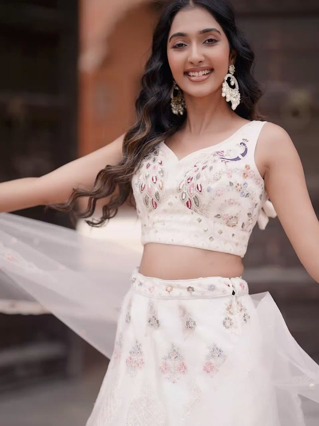 Cream Sequin with Embroidered Net Lehenga (ACA2664)