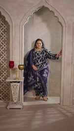 Navy Blue Floral Printed Viscose Straight Cut Suit Set