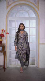 Black Floral Printed Chanderi Straight Cut Suit Set