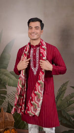 Men's Maroon Striped Viscose Kurta with Dupatta (ACA1256)