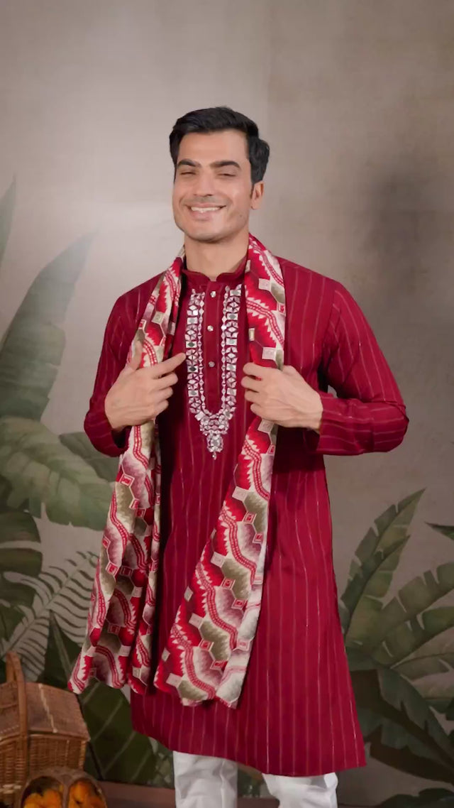 Men's Maroon Striped Viscose Kurta with Dupatta (ACA1256)