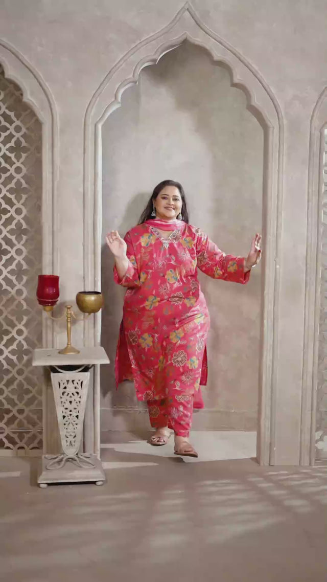 Orange Floral Printed Rayon Straight Cut Suit Set