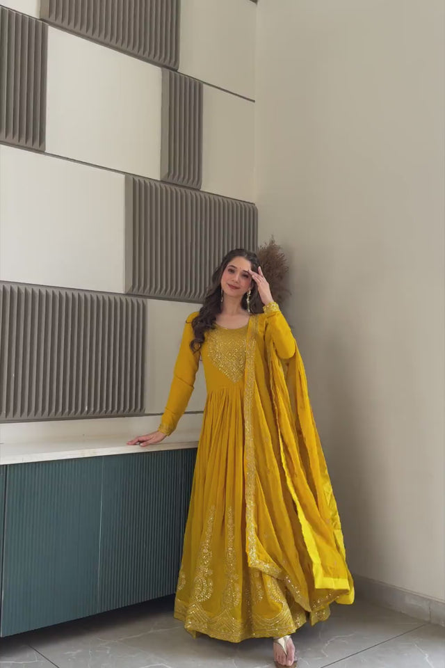 Yellow Sequin with Embroidered Georgette Gown