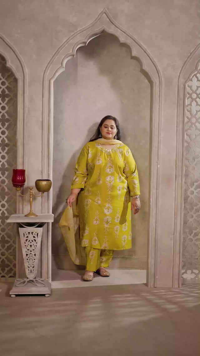 Lemon Printed Viscose Straight Cut Suit Set