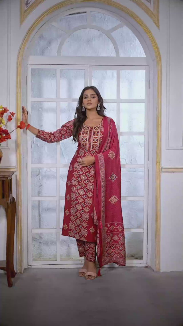 Red Printed Chanderi Straight Cut Suit Set