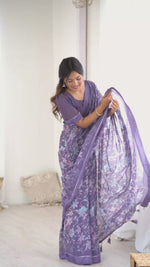 Lavender Floral Printed Satin Saree