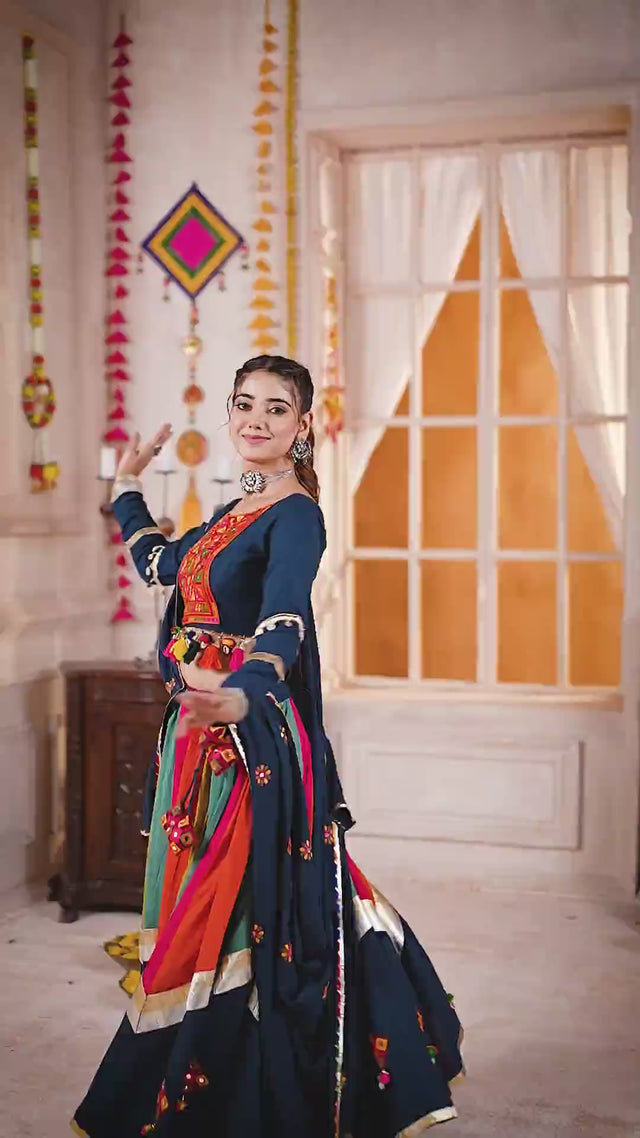 Multi Color Embroidered Cotton Lehenga