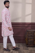 Pink Printed Linen Men's Kurta Set