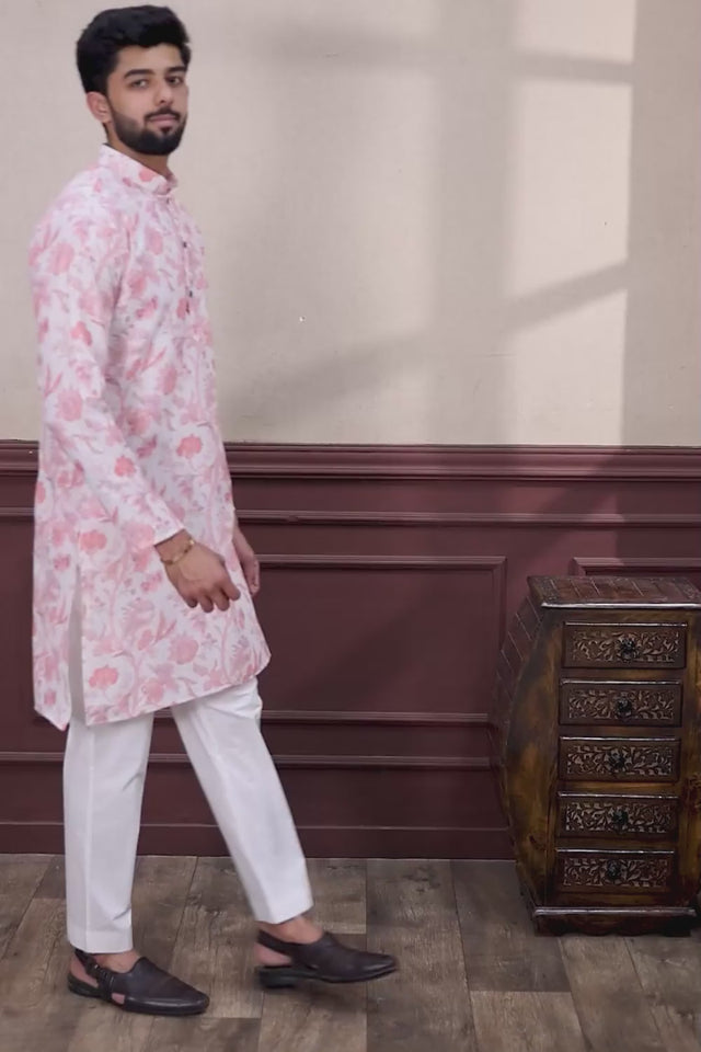 Pink Printed Linen Men's Kurta Set