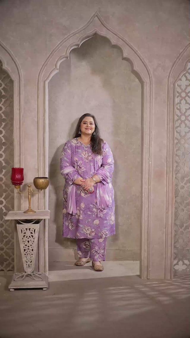Lavender Floral Printed Rayon Straight Cut Suit Set