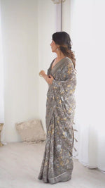 Grey Floral Printed Satin Saree