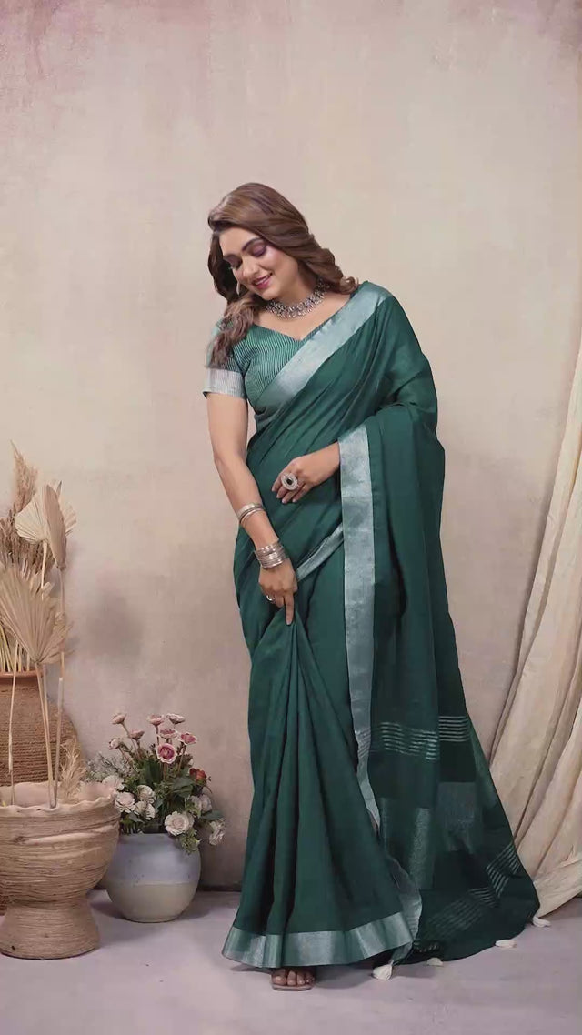 Turquoise Woven Linen Saree